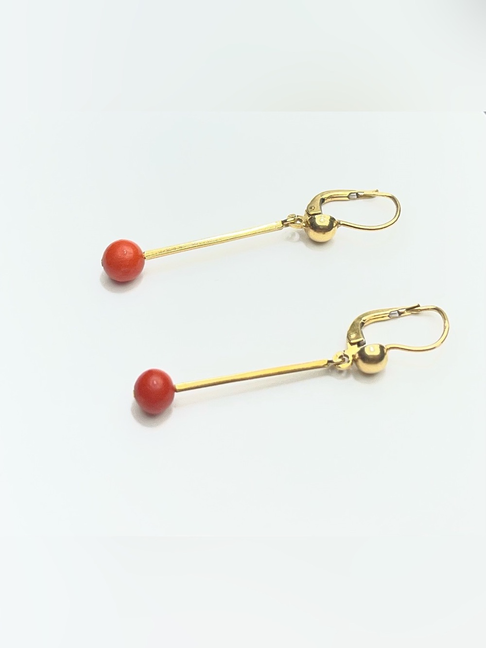 18K Yellow Gold Drop Earrings with Red Coral Beads